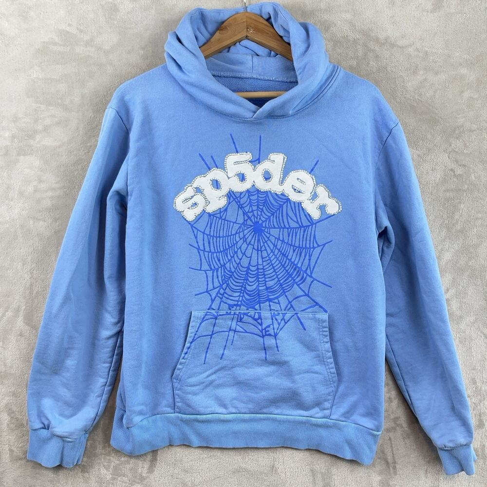 SP5DER Worldwide OG Web Blue Rhinestone Hoodie Men's Small Oversized Streetwear